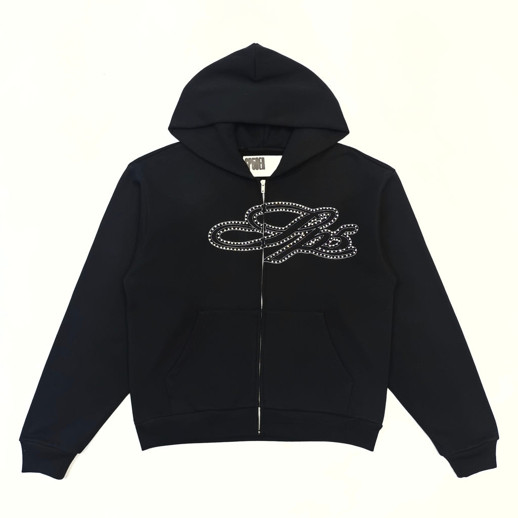 Sp5der Rhinestone Script Full Zip Hoodie 'Black'