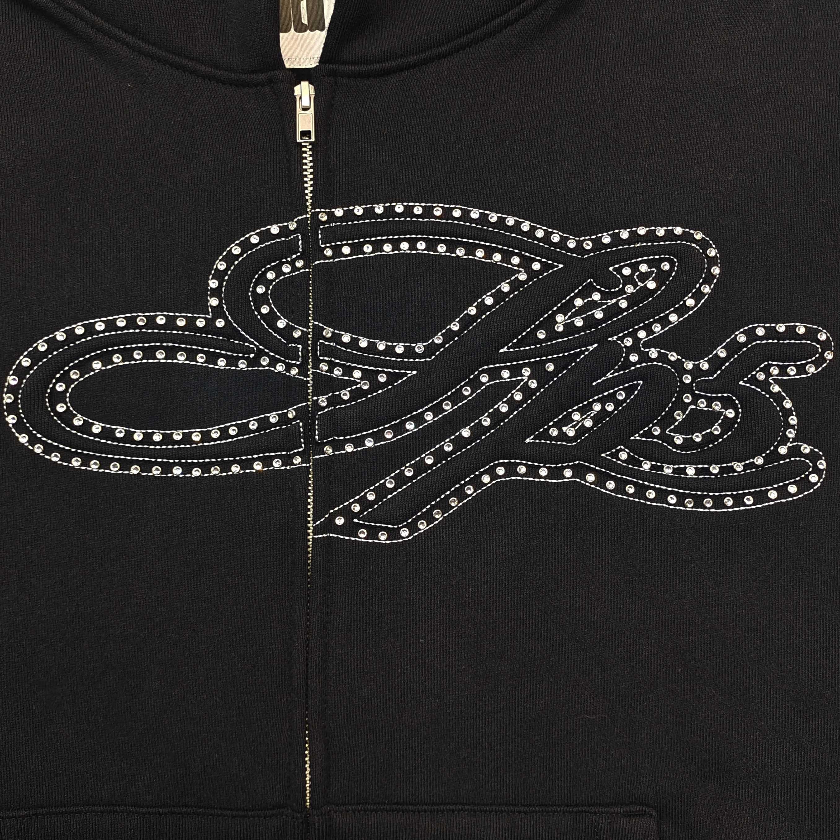 Sp5der Rhinestone Script Full Zip Hoodie 'Black'
