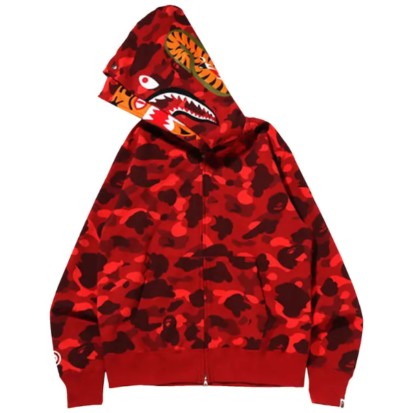 BAPE Color Camo Tiger Shark Wide Full Zip Double Hoodie 'Red'