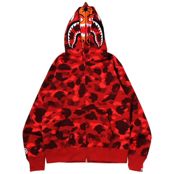BAPE Color Camo Tiger Shark Wide Full Zip Double Hoodie 'Red'