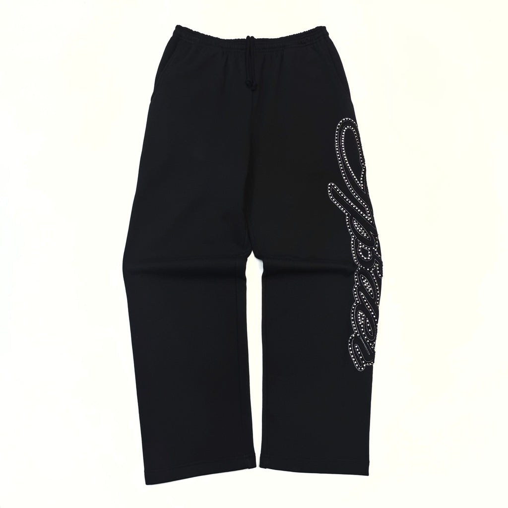 Sp5der Rhinestone Script Wide Leg Sweatpant 'Black'