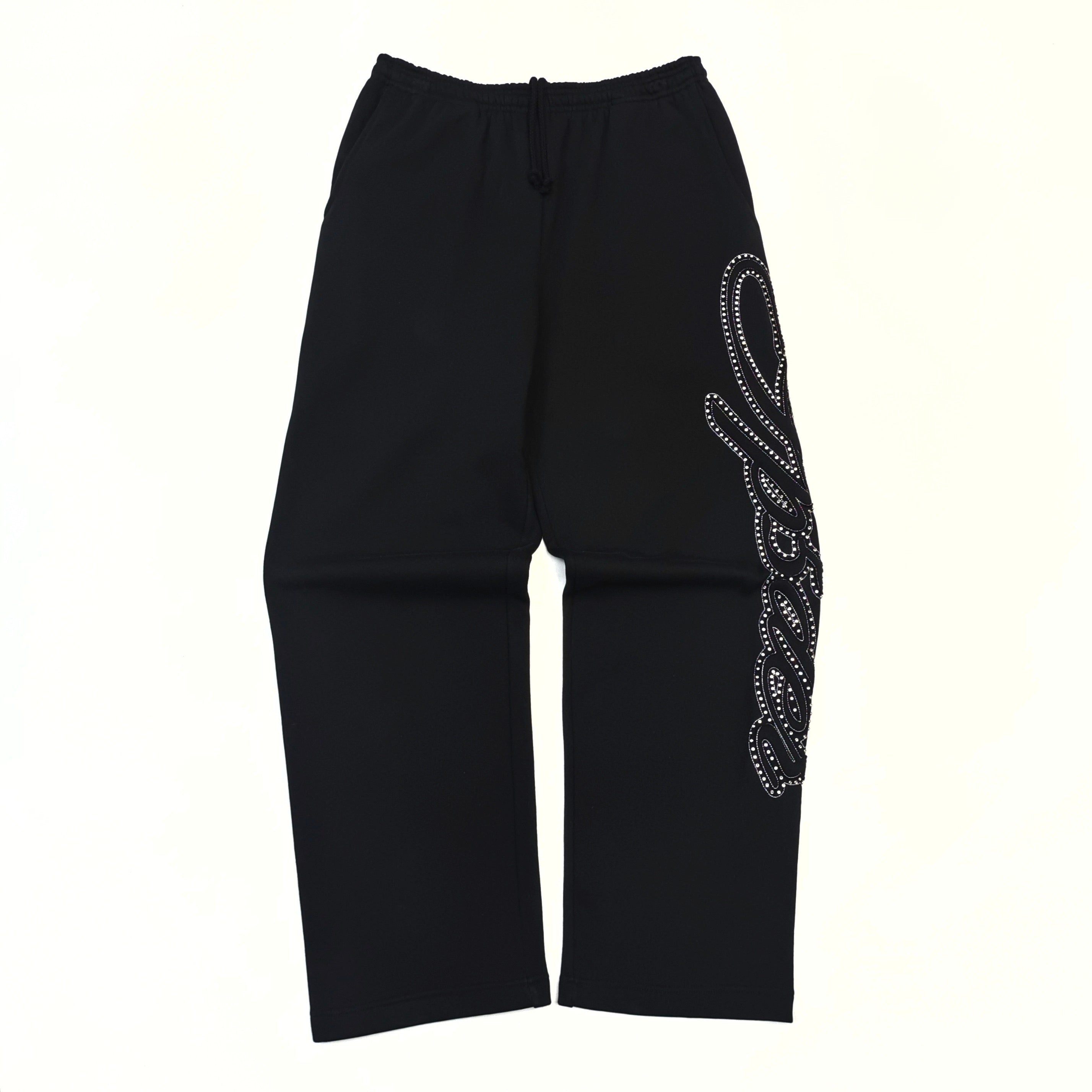 Sp5der Rhinestone Script Wide Leg Sweatpant 'Black'